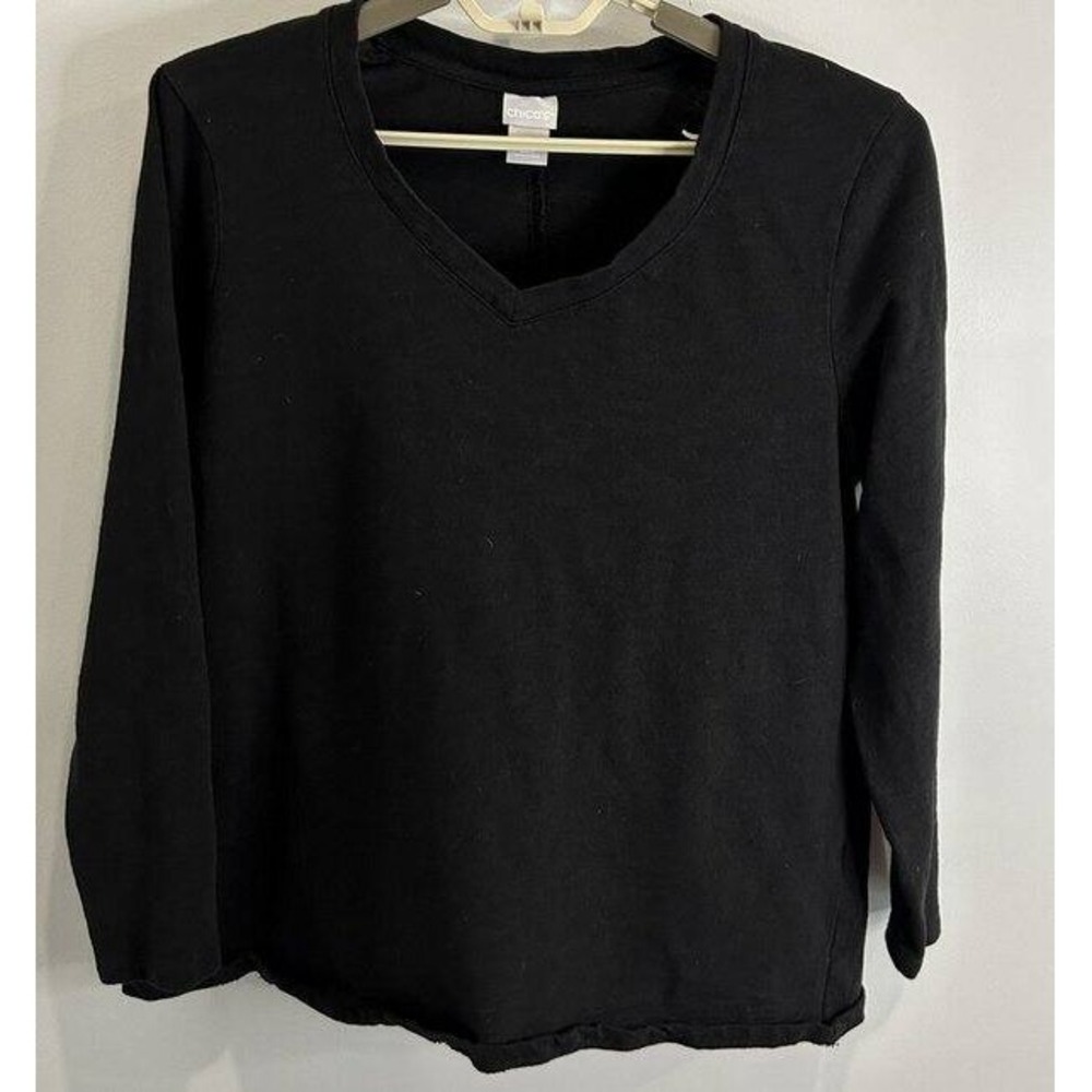 Chicos Slub Knit Black 100% Cotton V Neck Swing Long Sleeve Shirt Size 3 XL